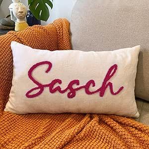 Customized Embroidered Name Linen Throw Lumbar Pillows, Personalized Monogrammed Names Pillow, Custom Natural Linen Farmhouse Boho Pillow Case Gifts (12X20)