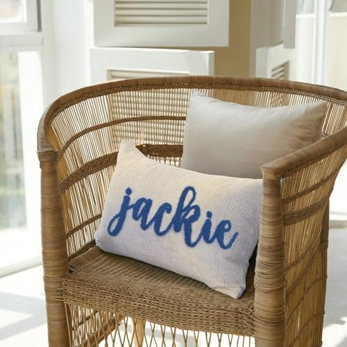 Customized Embroidered Name Linen Throw Lumbar Pillows, Personalized Monogrammed Names Pillow, Custom Natural Linen Farmhouse Boho Pillow Case Gifts (12X20)