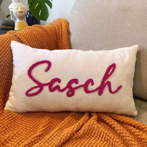 Customized Embroidered Name Linen Throw Lumbar Pillows, Personalized Monogrammed Names Pillow, Custom Natural Linen Farmhouse Boho Pillow Case Gifts (12X20)
