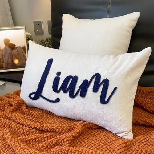 Customized Embroidered Name Linen Throw Lumbar Pillows, Personalized Monogrammed Names Pillow, Custom Natural Linen Farmhouse Boho Pillow Case Gifts (12X20)