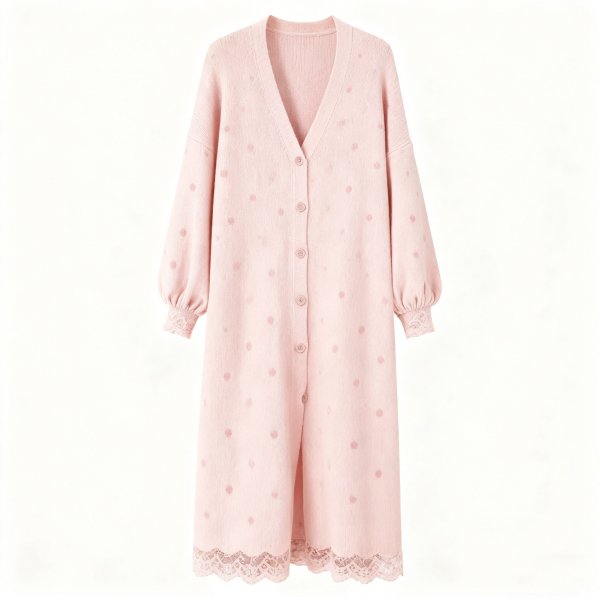 Women's Pink Polka Dot Lace Trim Longline Cardigan, V-Neck Knitted Duster Coat