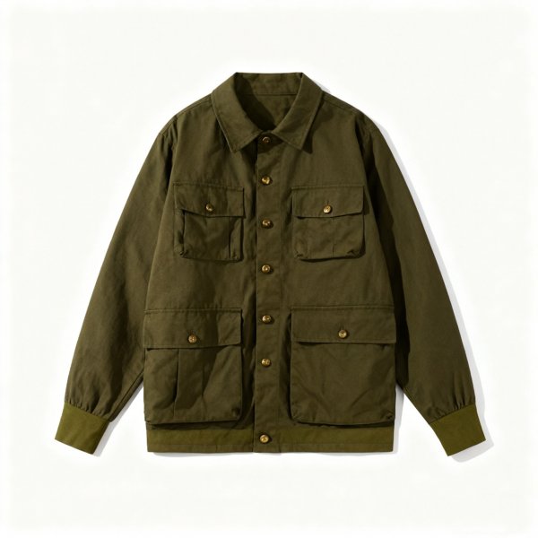 Men's Olive Green Utility Jacket, Multi-Pocket Button-Down Field Jacket