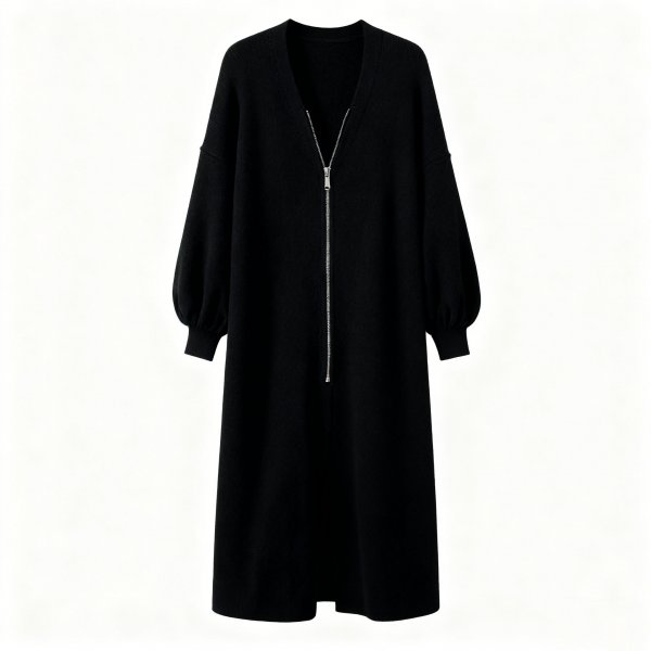 Women's Black Zip-Front Longline Cardigan, Oversized V-Neck Knitted Duster Coat