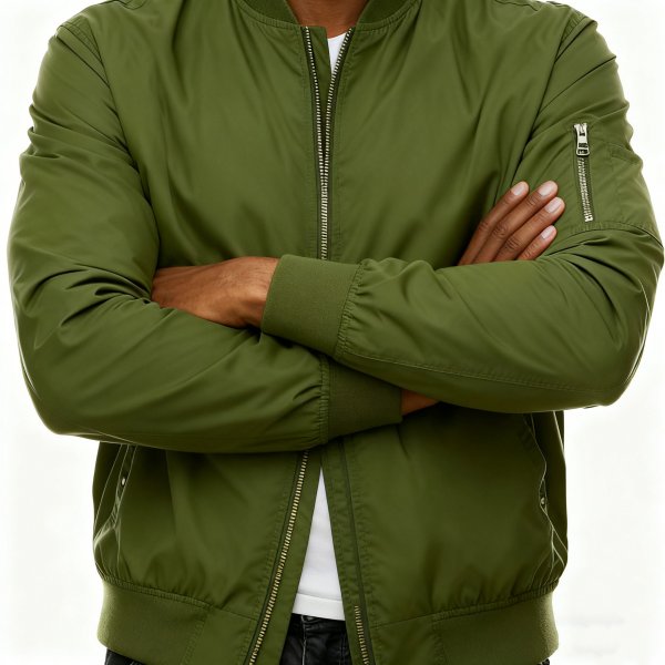 Men's Olive Green Bomber Jacket, Zip-Up Casual Jacket with Zipper Detail