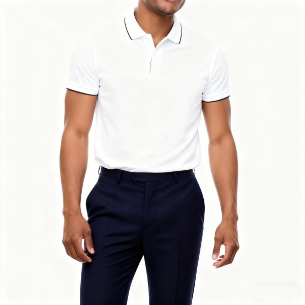 Men's White Polo Shirt with Black Trim, Short Sleeve Casual Business Top