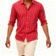 Men's Red Striped Long Sleeve Shirt, Casual Button-Down with Beige Shorts