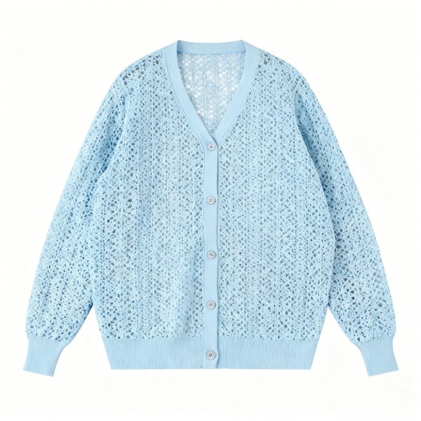 Women's Light Blue Lace Cardigan, Sheer V-Neck Button-Down Knitted Jacket