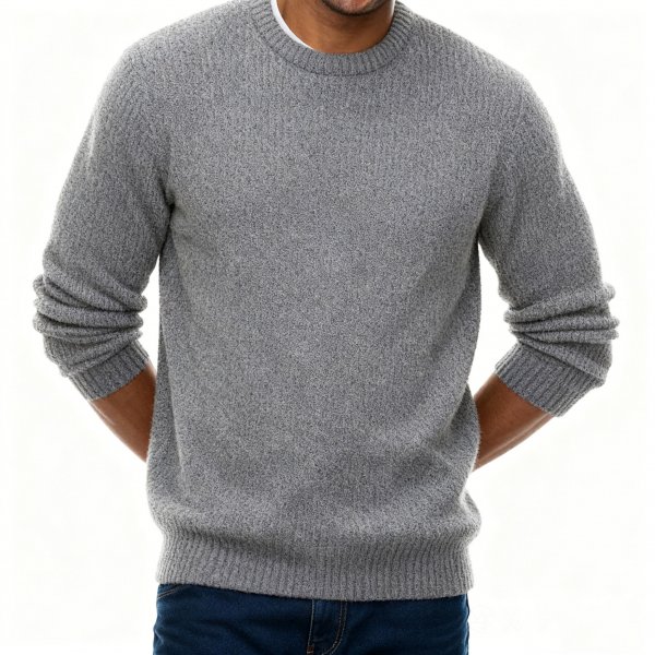 Men's Gray Knitted Sweater, Crew Neck Long Sleeve Pullover for Fall/Winter