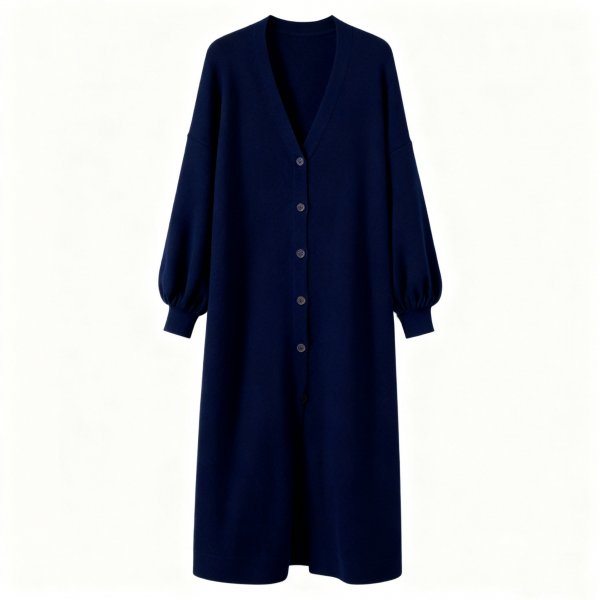 Women's Navy Blue Longline Cardigan, Oversized V-Neck Knitted Duster Coat