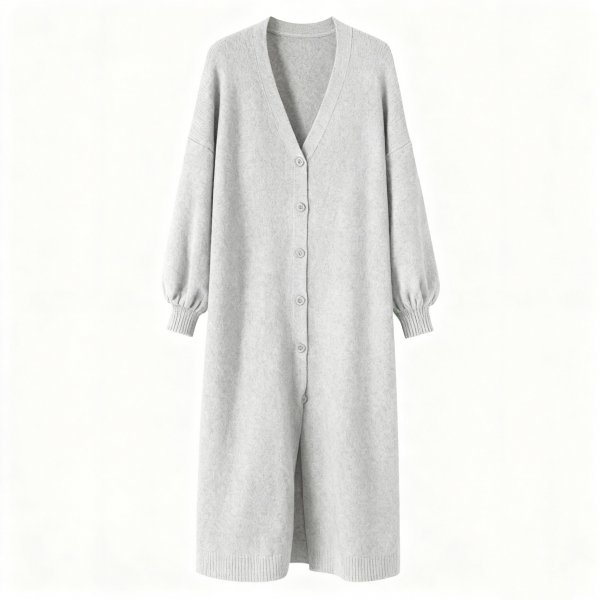 Women's Light Gray Textured Longline Cardigan, V-Neck Knitted Duster Coat