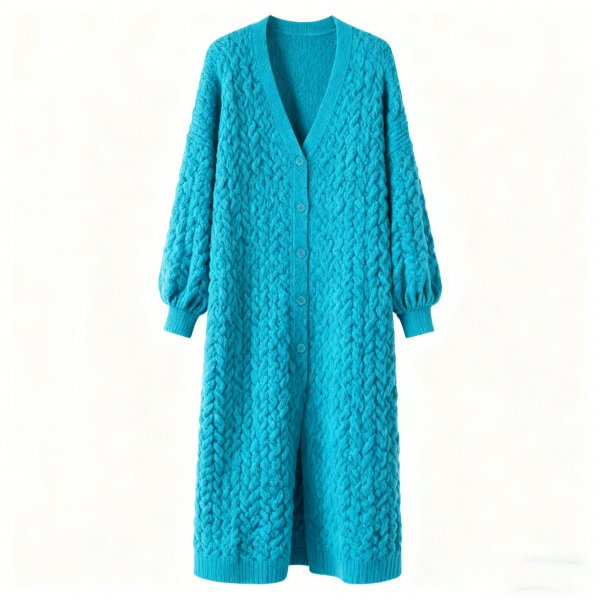Women's Turquoise Cable Knit Longline Cardigan, Oversized V-Neck Knitted Duster Coat