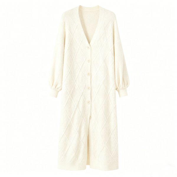 Women's Cream Diamond Pattern Longline Cardigan, V-Neck Knitted Duster Coat